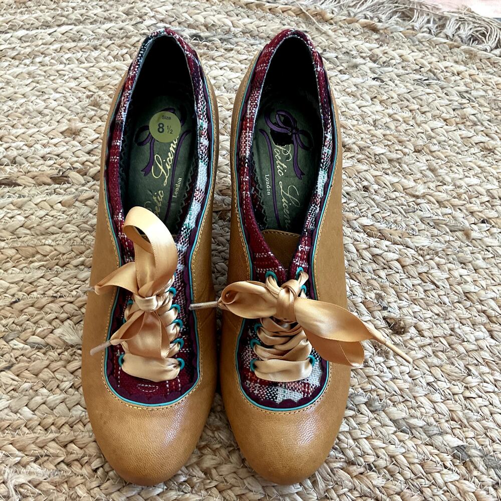 Poetic Licence London Women's Lace Up Heels Size 8.5 Tan Colorblock Block Pumps - Picture 1 of 13